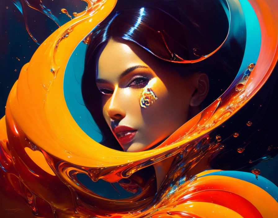 Colorful digital artwork: Woman surrounded by swirling liquid shapes