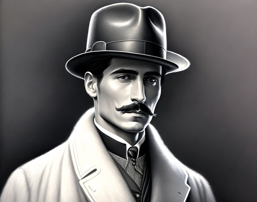 Monochromatic vintage man with mustache and hat illustration