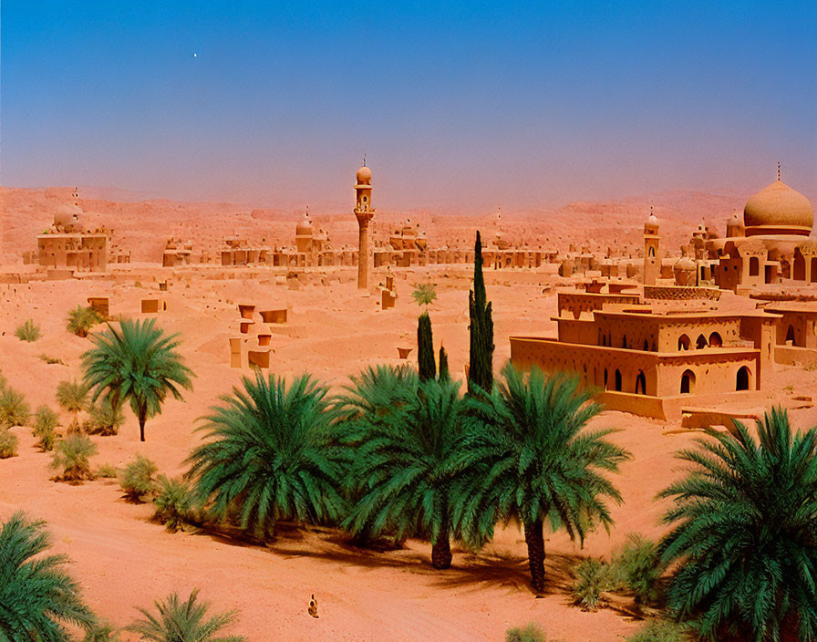 Traditional Middle Eastern village in sun-drenched desert landscape