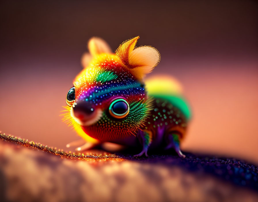 Colorful fantastical creature with large sparkling eyes and rainbow-hued body on soft-focus background