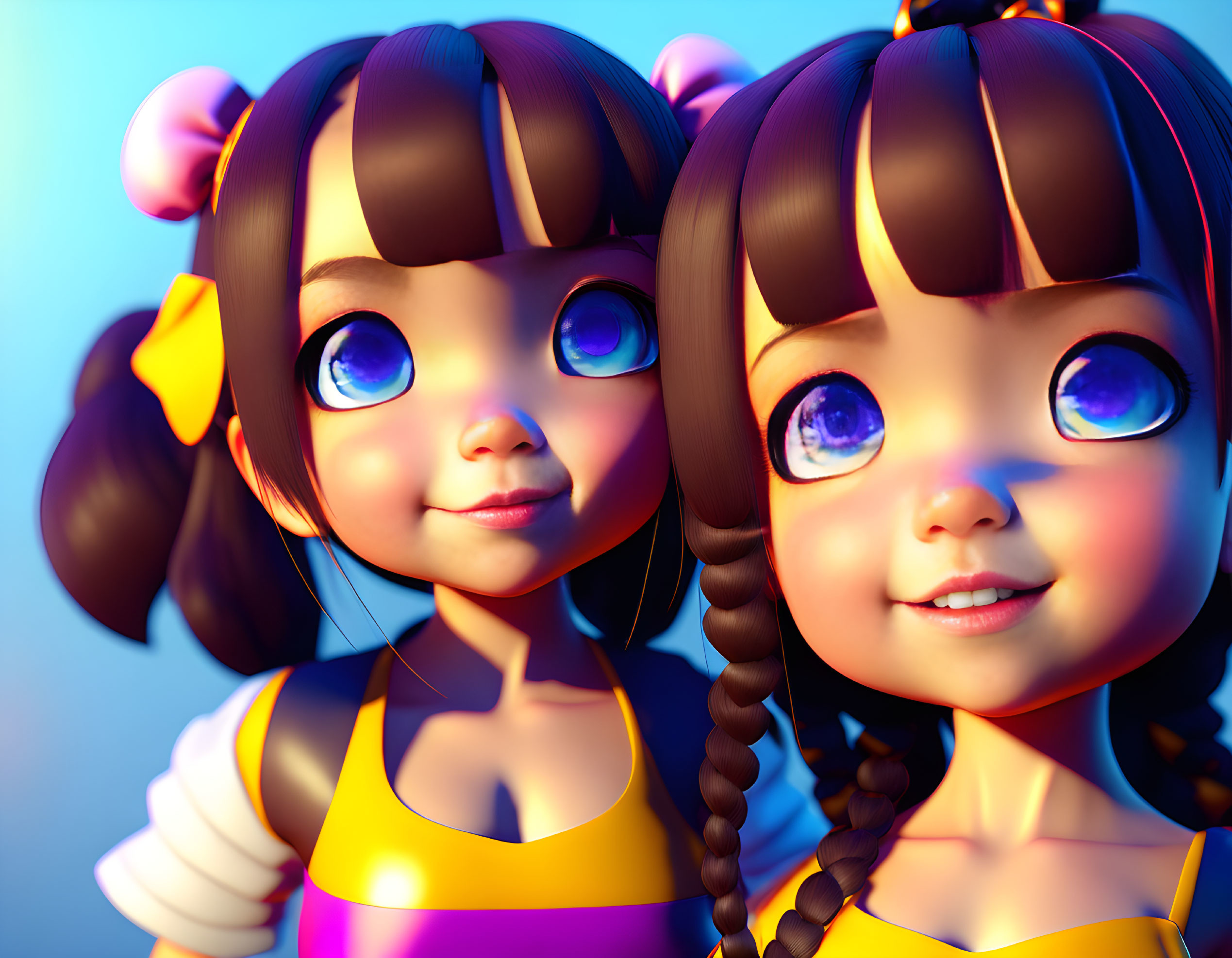 Two girls with large eyes and pigtail hairstyles smiling under soft lighting