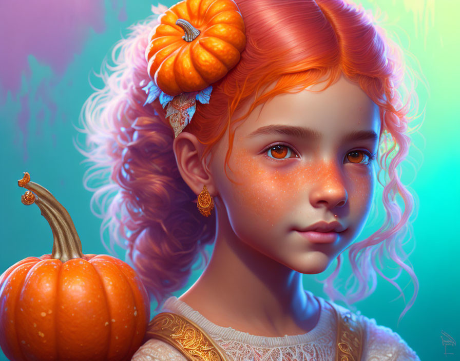 Young girl with orange curly hair and pumpkin-themed accessories in colorful digital portrait