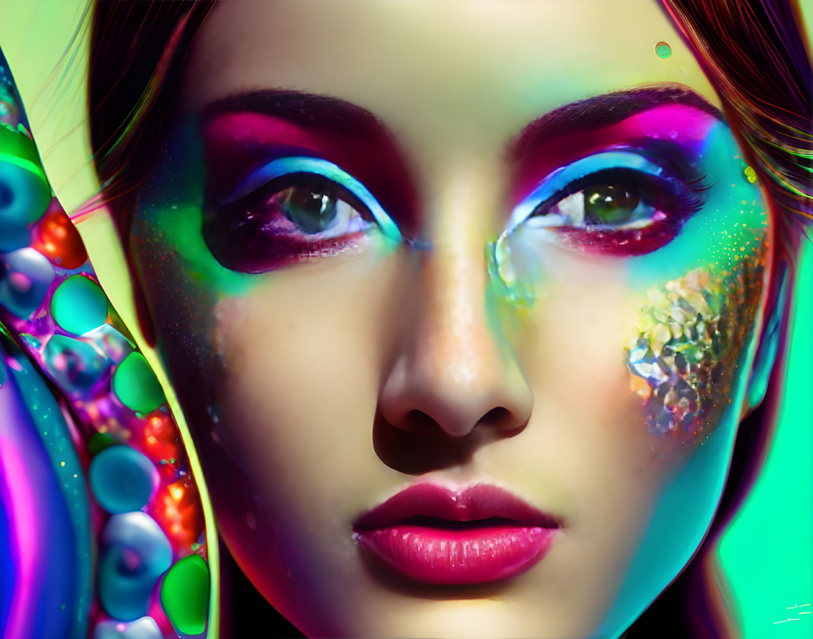Vibrant colorful makeup with abstract bubble-like patterns on a woman's face