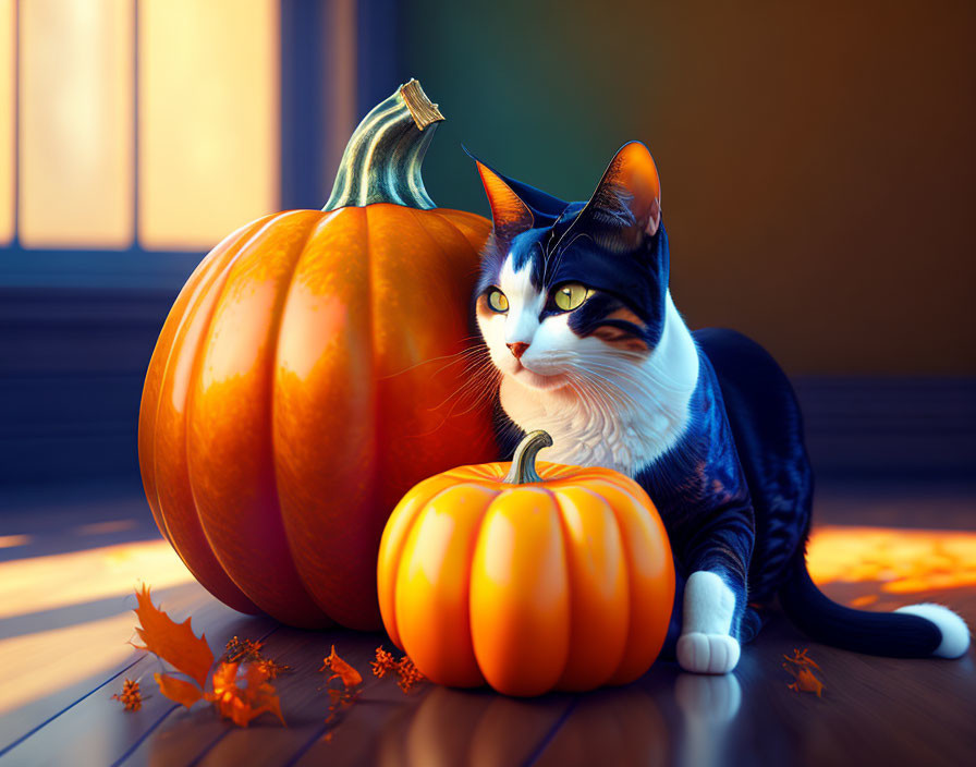 Black and white cat with blue eyes near pumpkins and autumn leaves by sunlit window