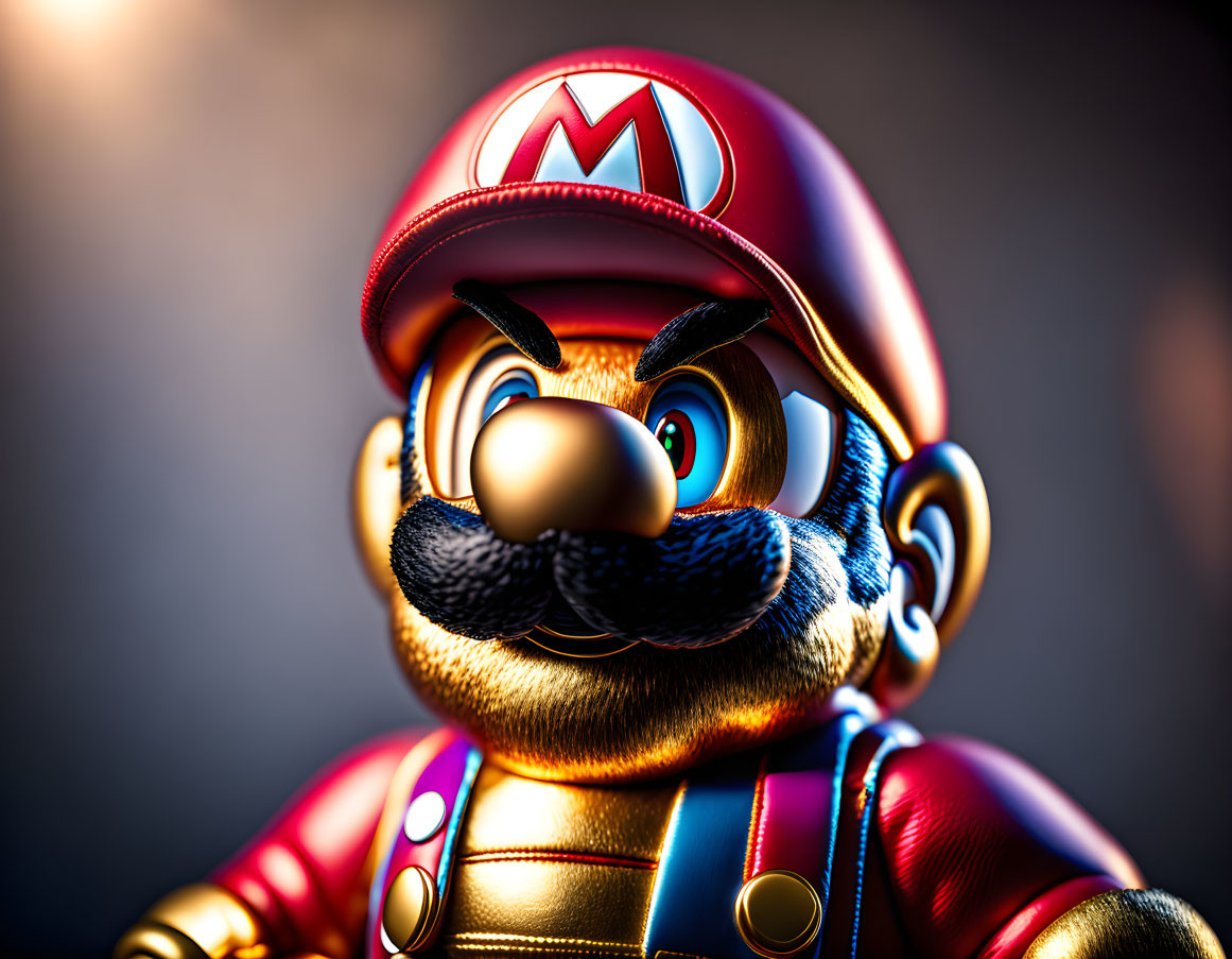 Detailed Mario figurine with red cap and textured details in soft glow.