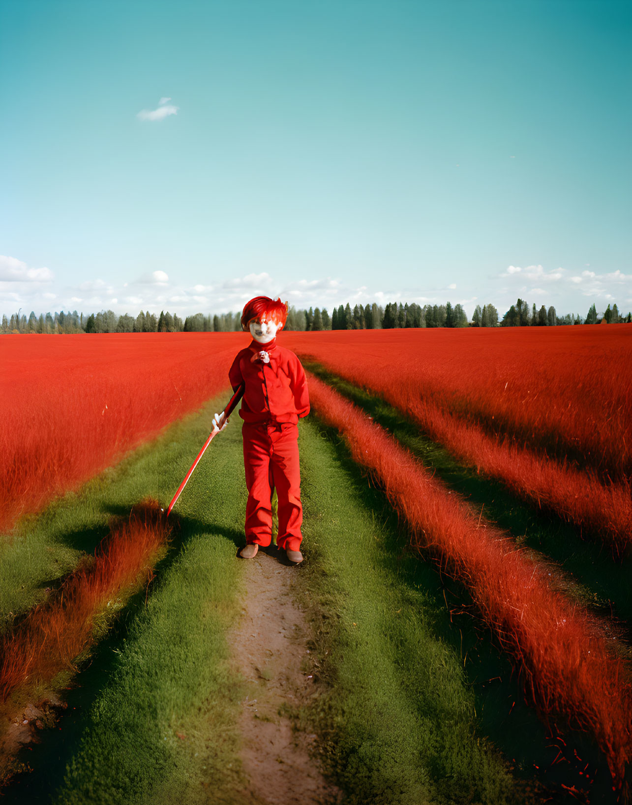Person in red outfit and clown mask in vibrant field with blue sky holding tool