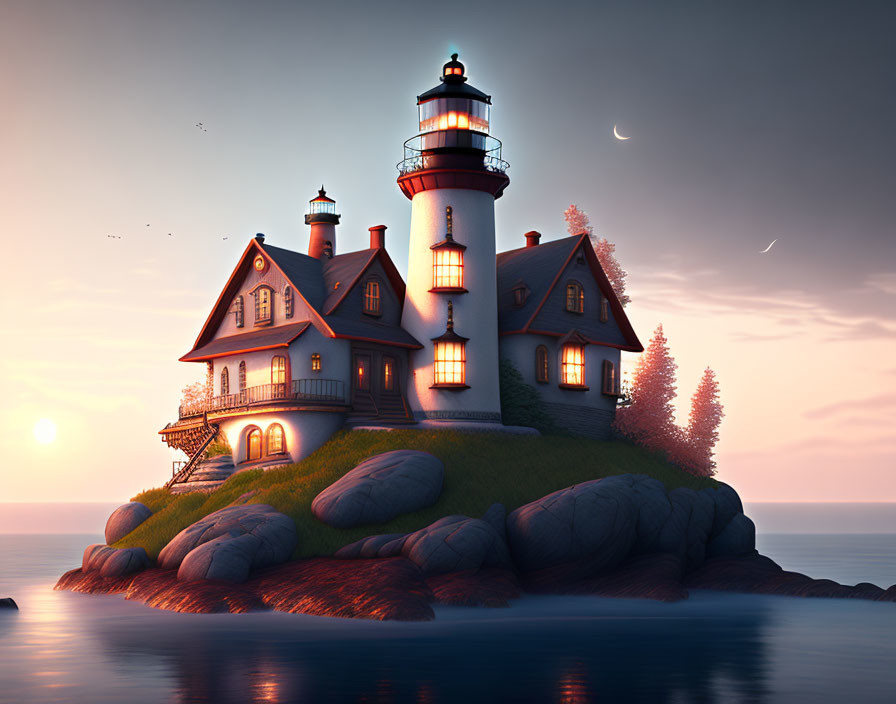 Picturesque Dusk Scene: Lighthouse on Rocky Islet with Glowing Lights