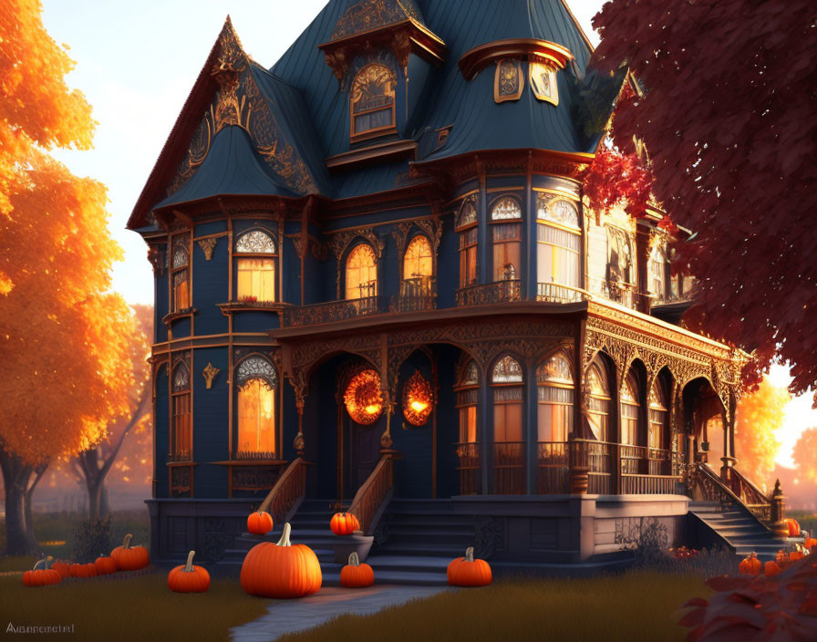 Victorian-style house with blue walls, dark roof, autumn trees, pumpkins, warm sunset