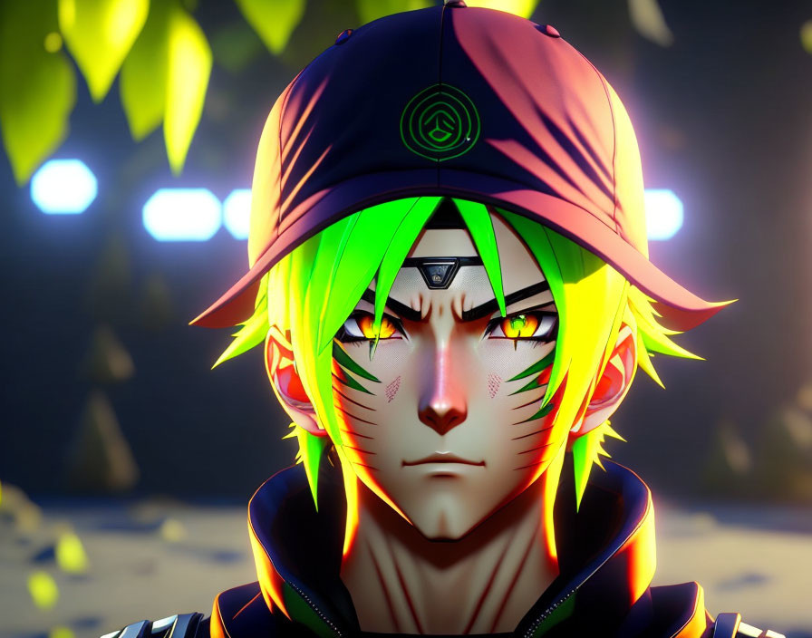 Neon green-haired animated character with tribal markings on dark leafy background