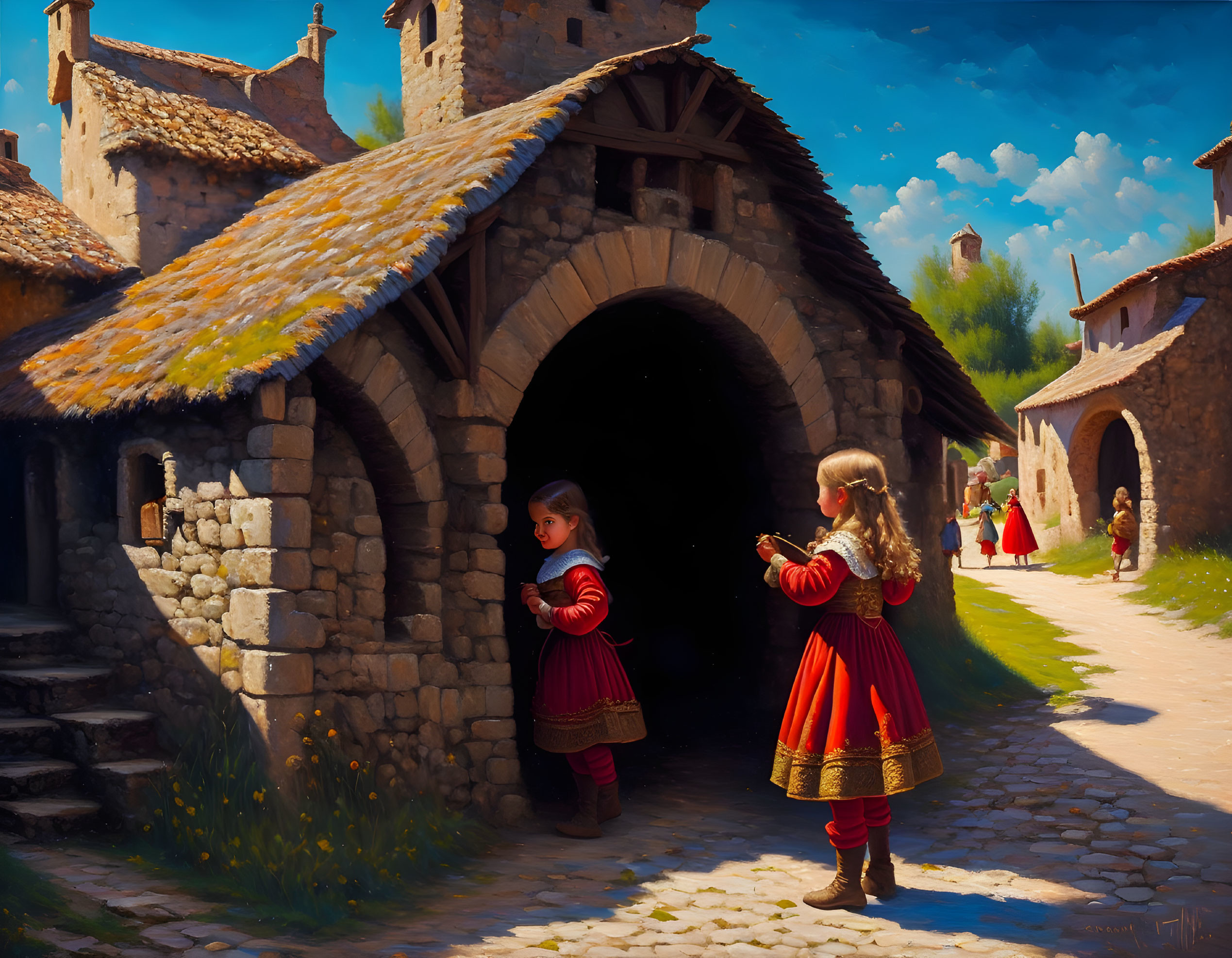 Traditional dresses worn by two girls in medieval village setting