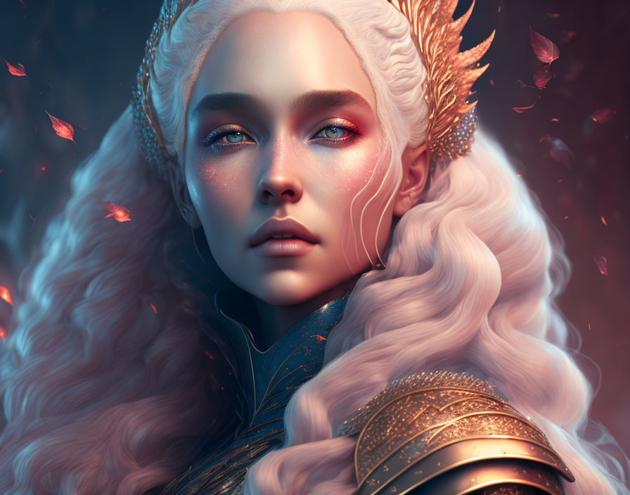 Fantasy portrait of woman with pale skin, white hair, golden crown, blue eyes, in red