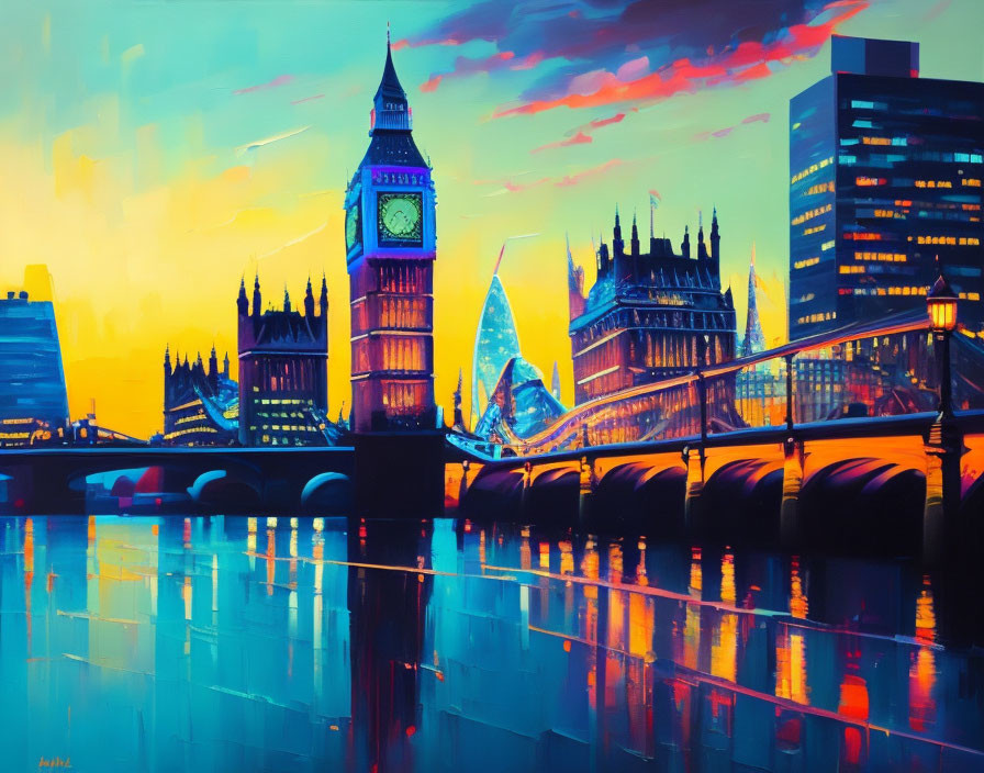 Colorful London cityscape painting at sunset with Big Ben and Westminster by the Thames.