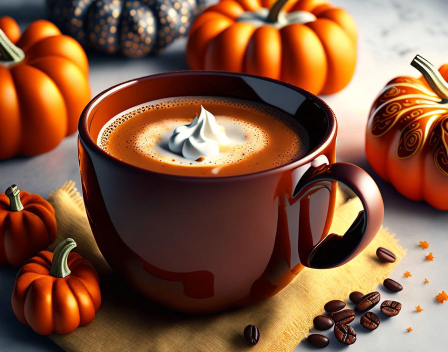 Autumn-themed image: Cup of coffee with cream, pumpkins, and coffee beans on textured surface