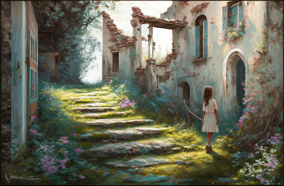Young girl in front of sunlit overgrown path to abandoned, vine-covered building