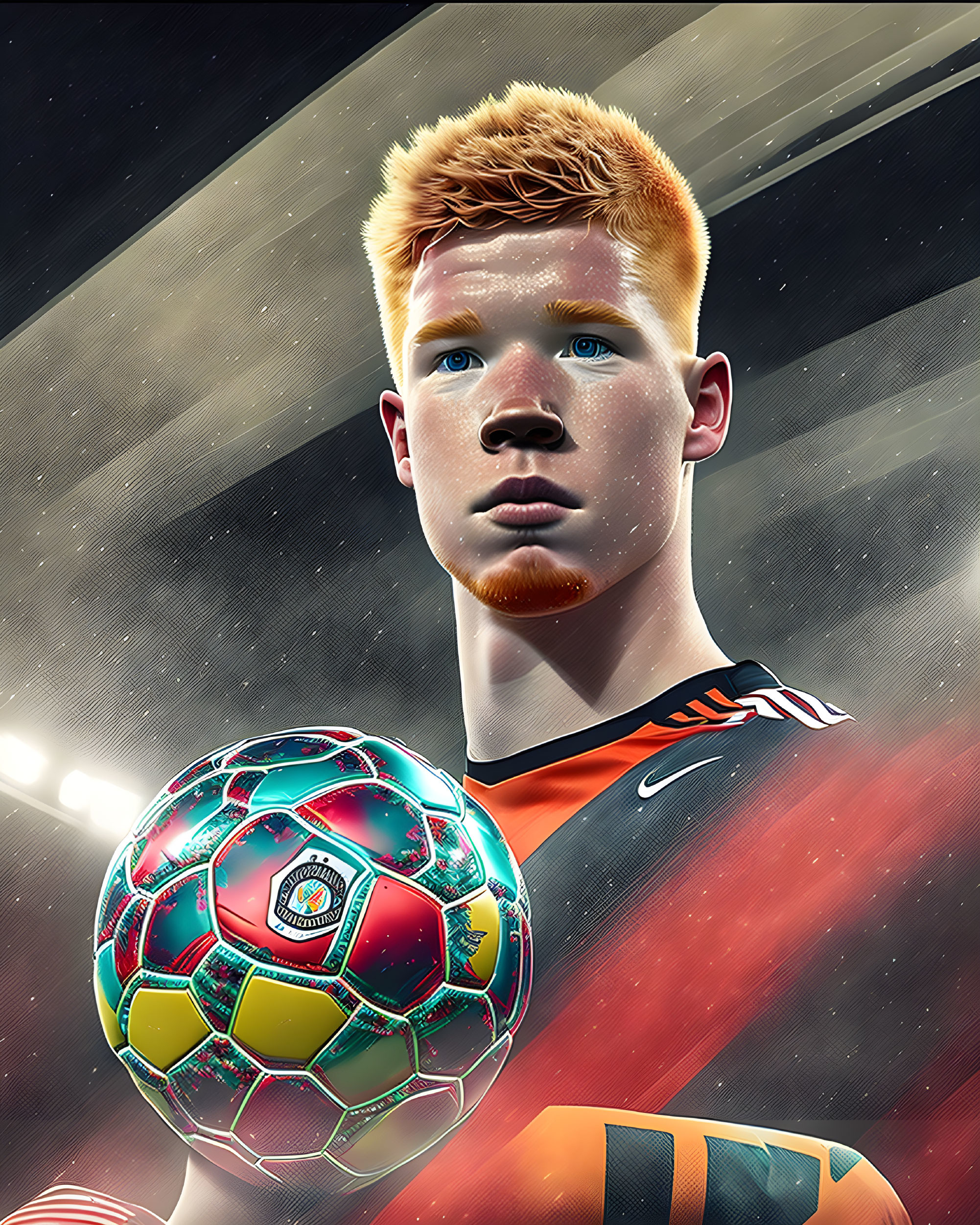 Vibrant digital portrait with orange hair and soccer ball on abstract background