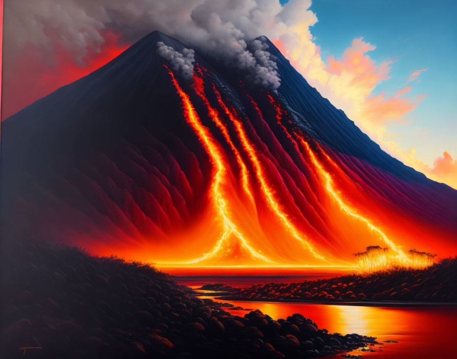 Erupting volcano painting: molten lava flowing into water at sunset