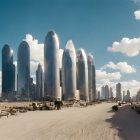 Futuristic cityscape with sleek skyscrapers under blue sky