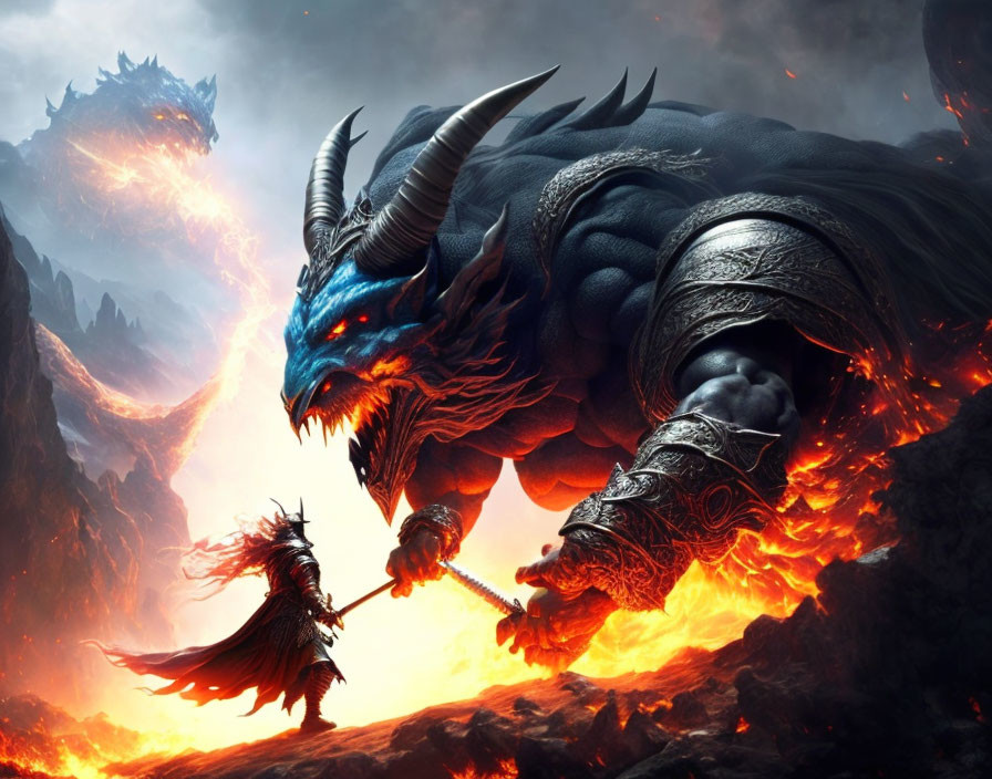 Warrior faces horned beast in volcanic landscape with dragon.