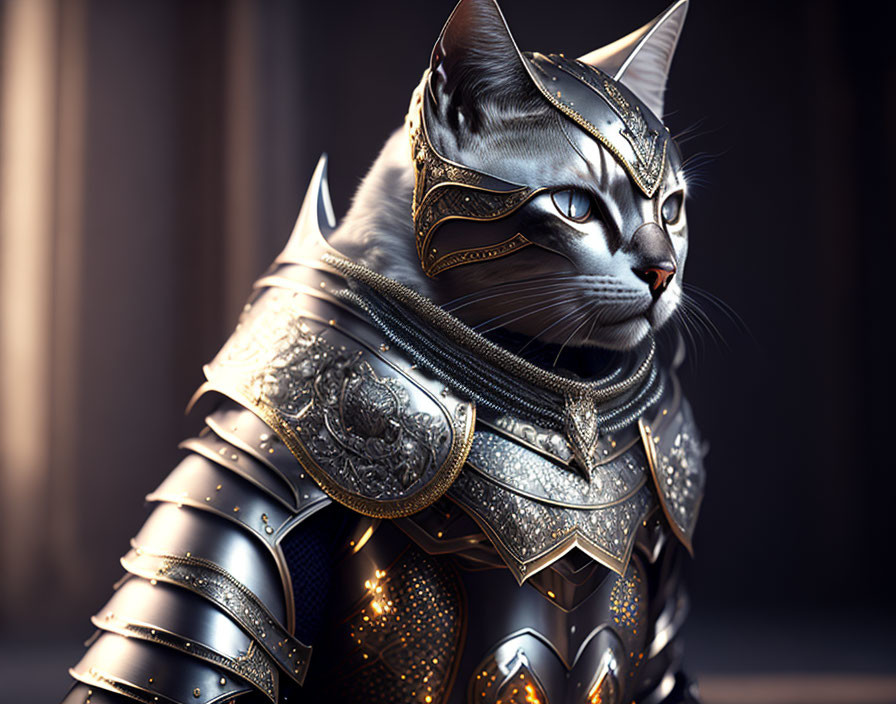 Cat in medieval knight armor against dark background