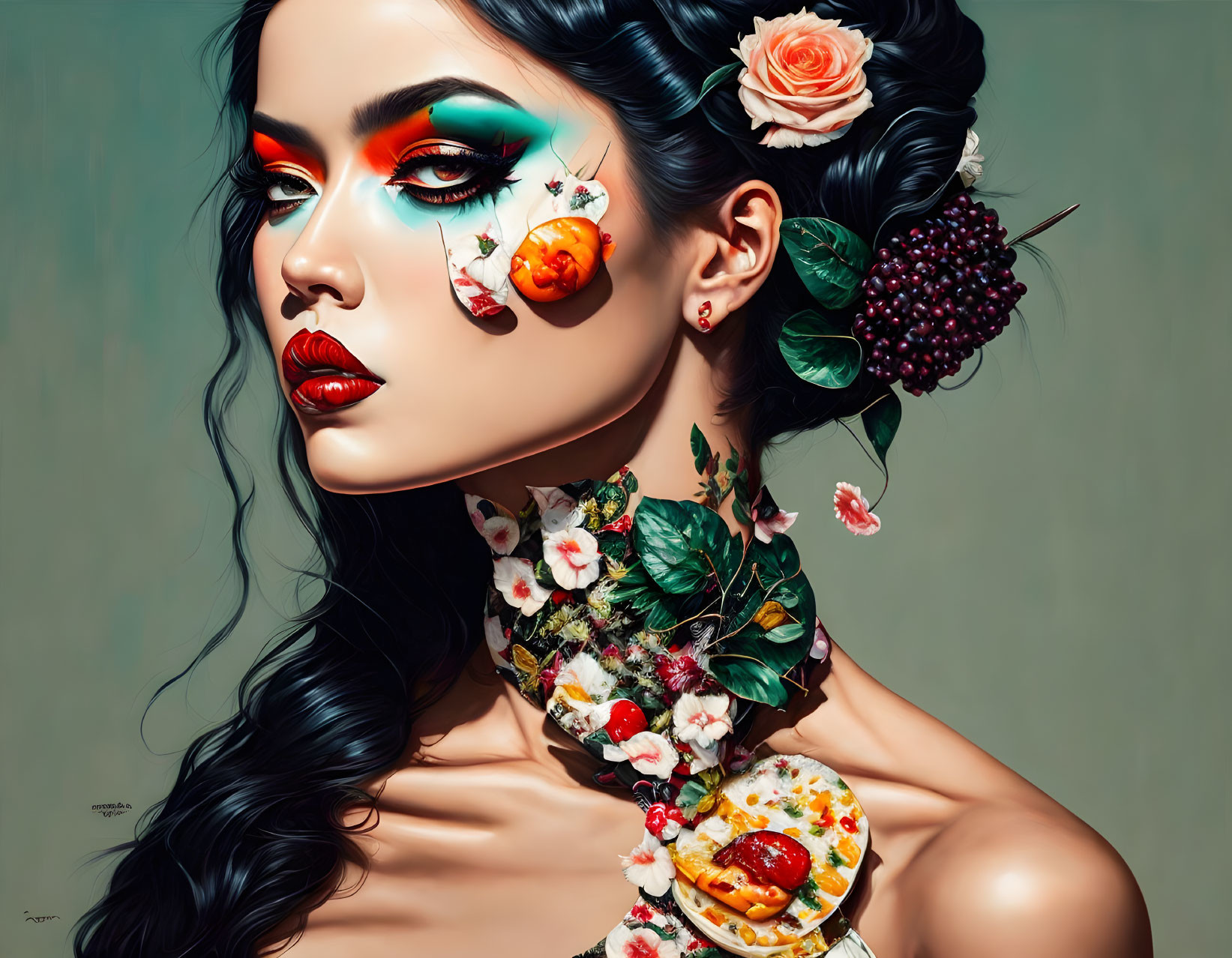 Illustrated woman with fruit and floral makeup details.