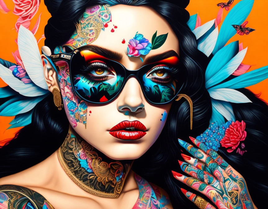 Colorful digital artwork of woman with makeup, tattoos, and butterflies