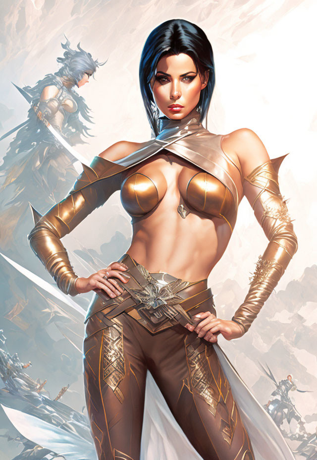 Fantasy artwork: Female warrior in metallic armor, snowy mountain landscape