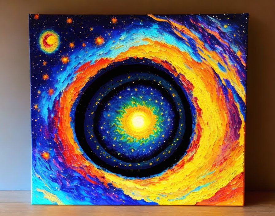 Colorful swirling galaxy painting on wooden table and plain wall