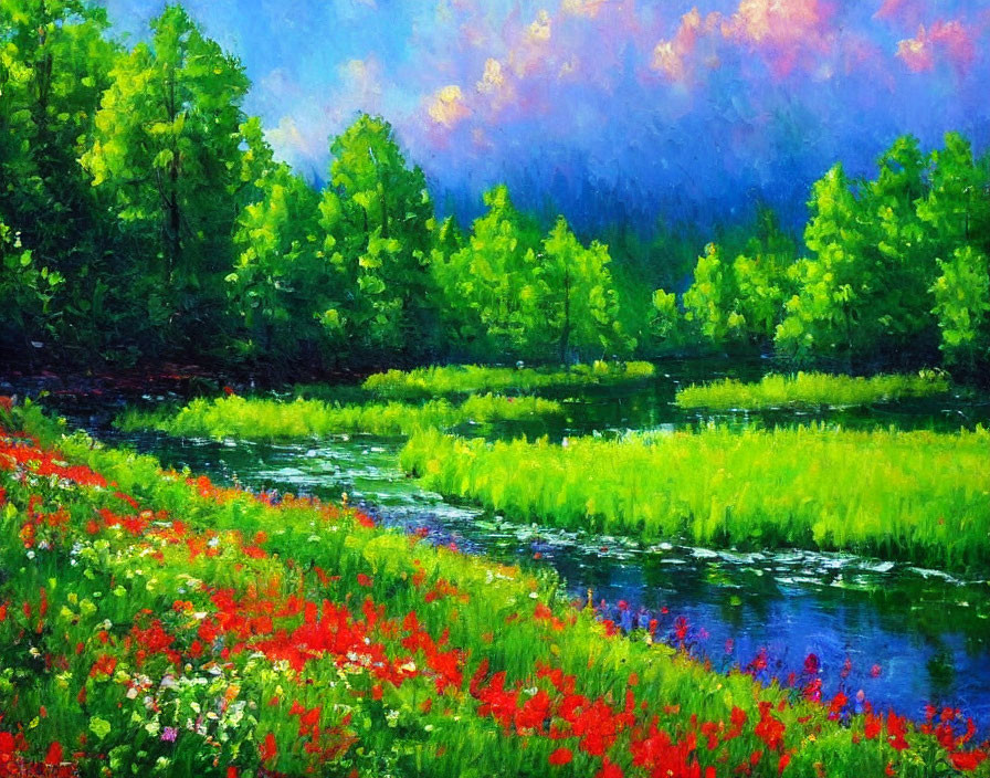 Colorful landscape: green forest, tranquil river, red wildflowers, blue sky