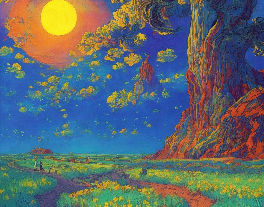 Colorful painting of giant tree, golden sky, people in blossoming field under yellow sun