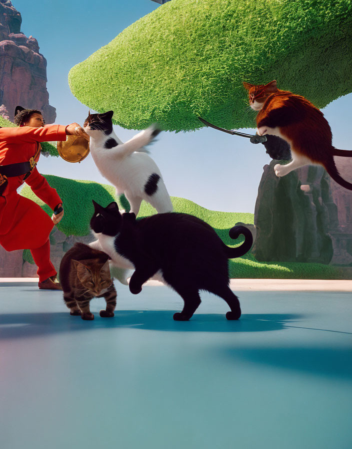 Person in Red Outfit Plays with Four Oversized Cats on Colorful Landscape