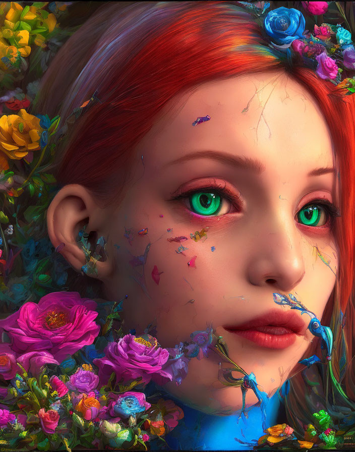 Colorful portrait of person with red hair, flowers, birds, and green eyes