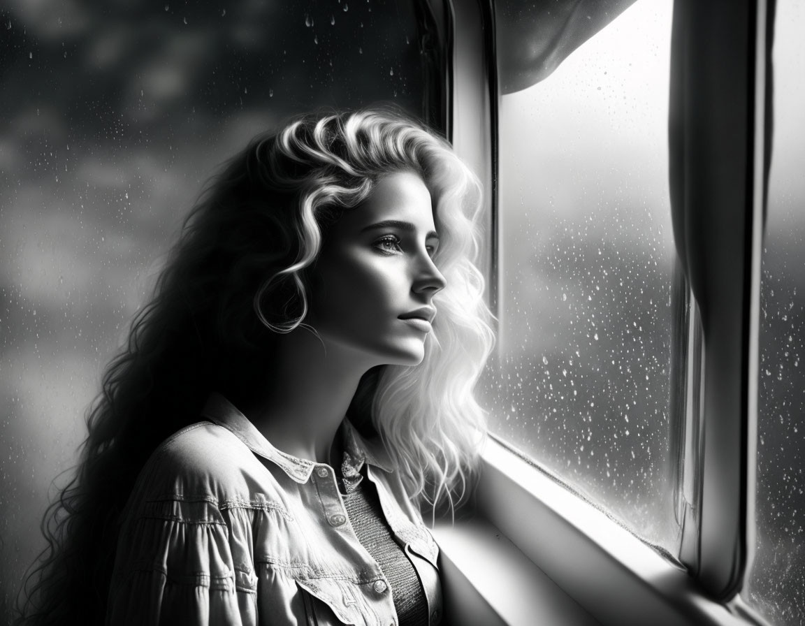 Monochrome image: Contemplative woman by rain-spattered window