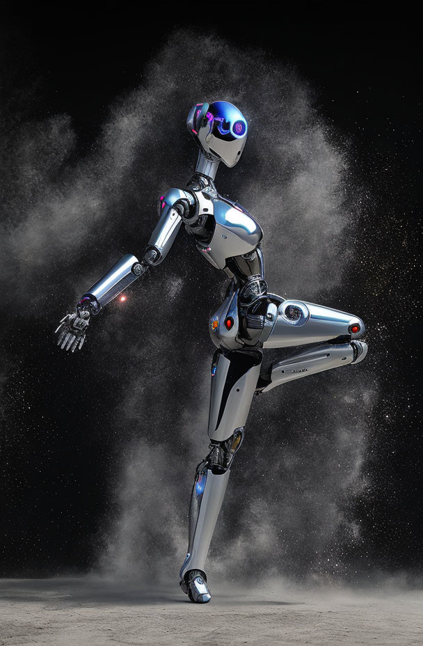 Shiny humanoid robot in motion with dust cloud background
