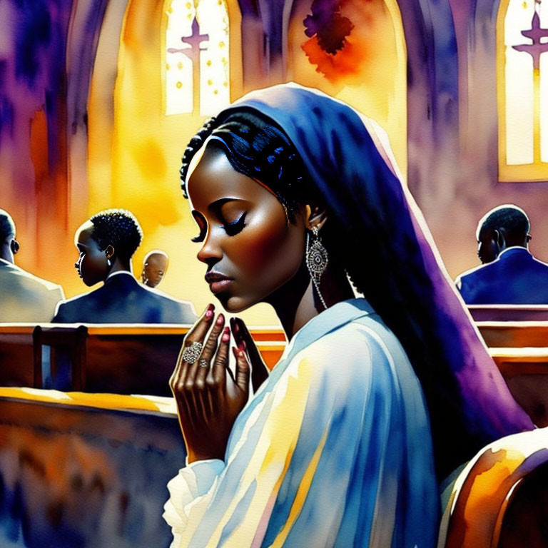 Illustration of woman praying in church with stained glass windows.