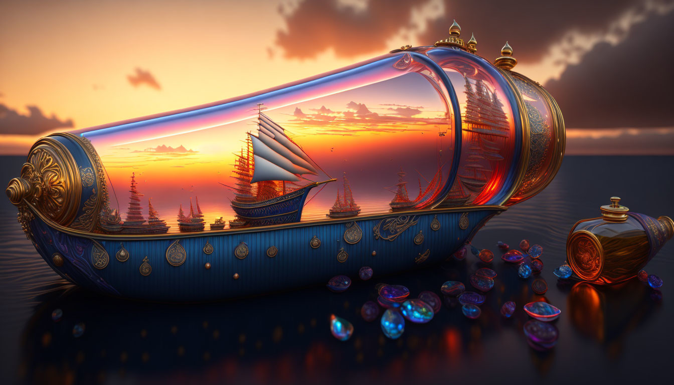 Sailboat in ornate bottle with sunset backdrop and jewels