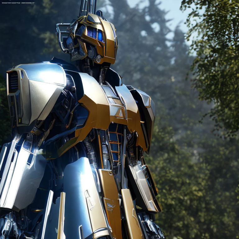 Detailed blue and yellow robot in nature setting