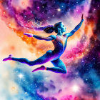 Female dancer gracefully leaping against vibrant cosmic backdrop
