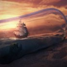 Sailboat in ornate bottle with sunset backdrop and jewels