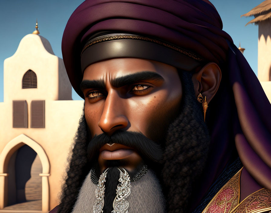 3D-rendered man with dark beard and headband against Middle-Eastern-style building