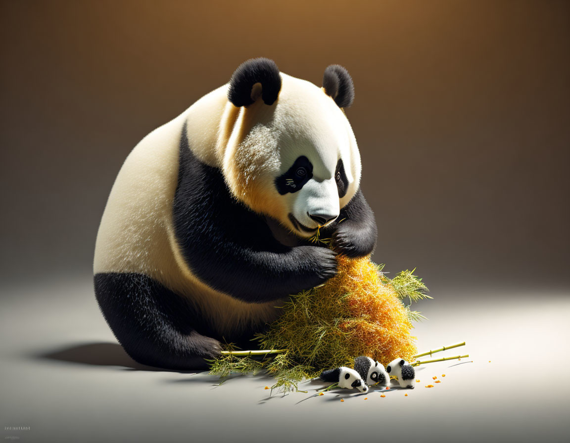 Panda bear with bamboo and panda toys on beige background