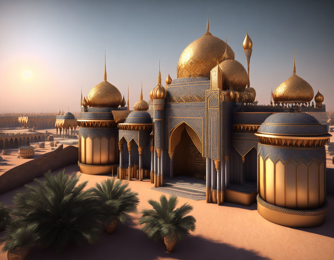Fantasy palace with golden domes in desert oasis at sunrise