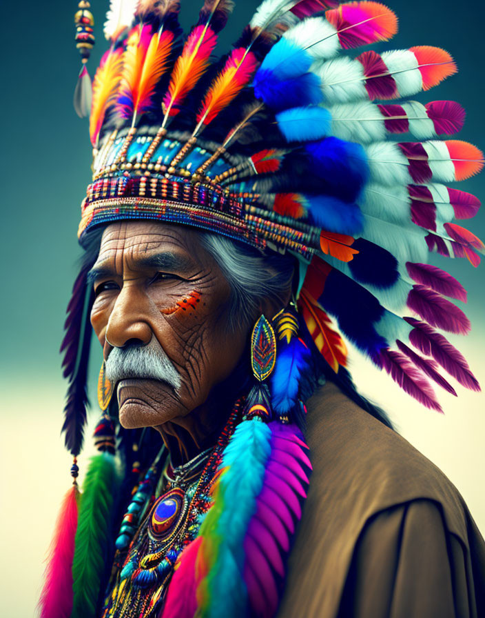 Elderly man in colorful Native American headdress and face paint
