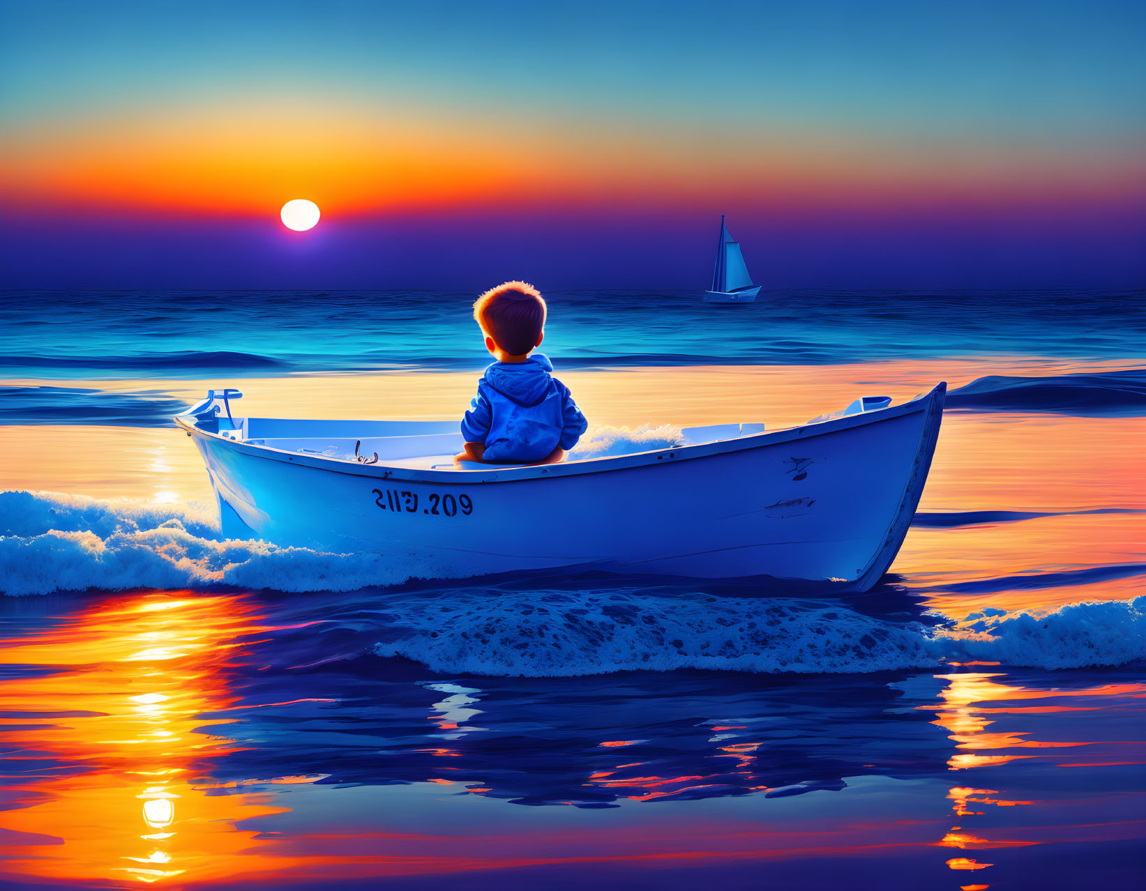 Child in boat at sunset gazes at vibrant sky with distant sailboat
