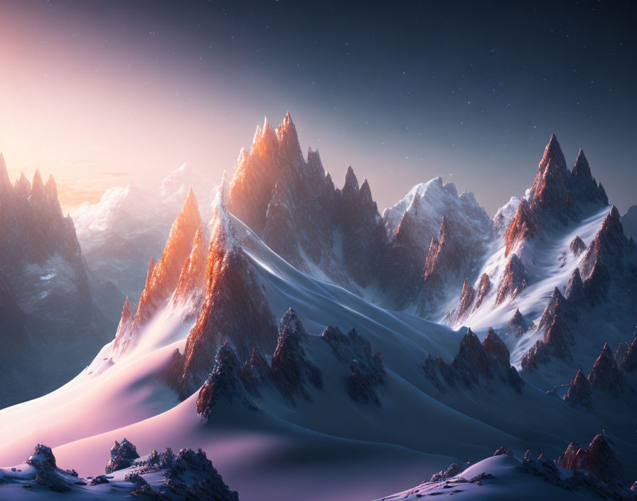 Snow-covered mountain peaks at sunrise under clear sky