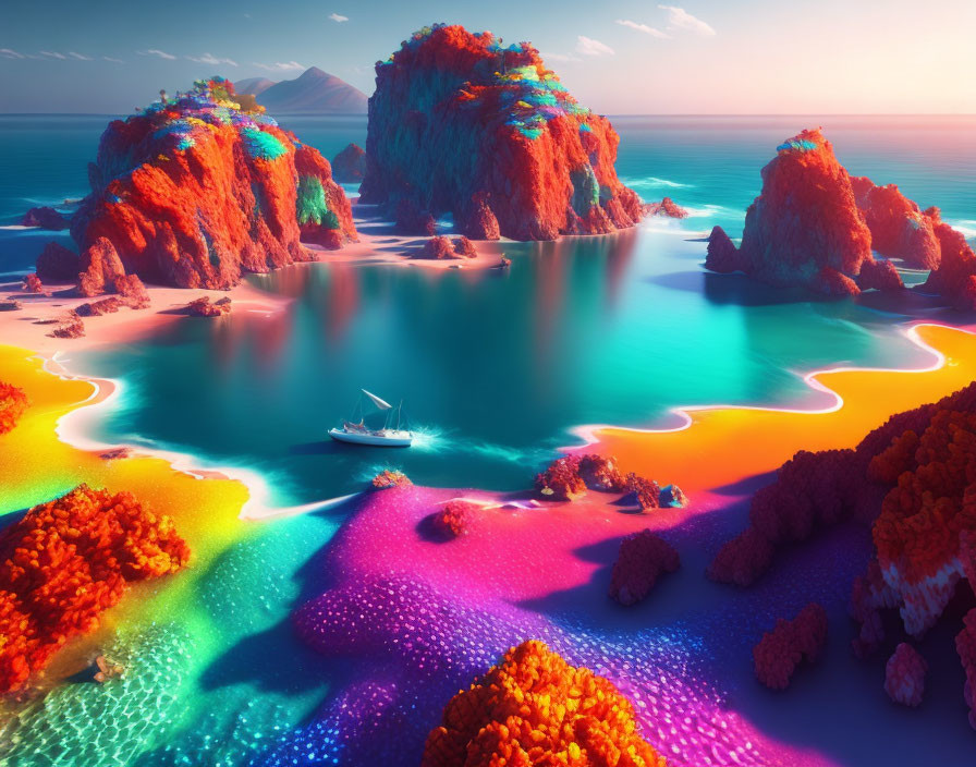 Surreal neon beachscape with boat and rocky islets