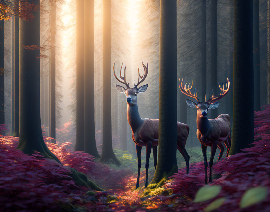 Misty forest scene with two deer and sun rays filtering through trees
