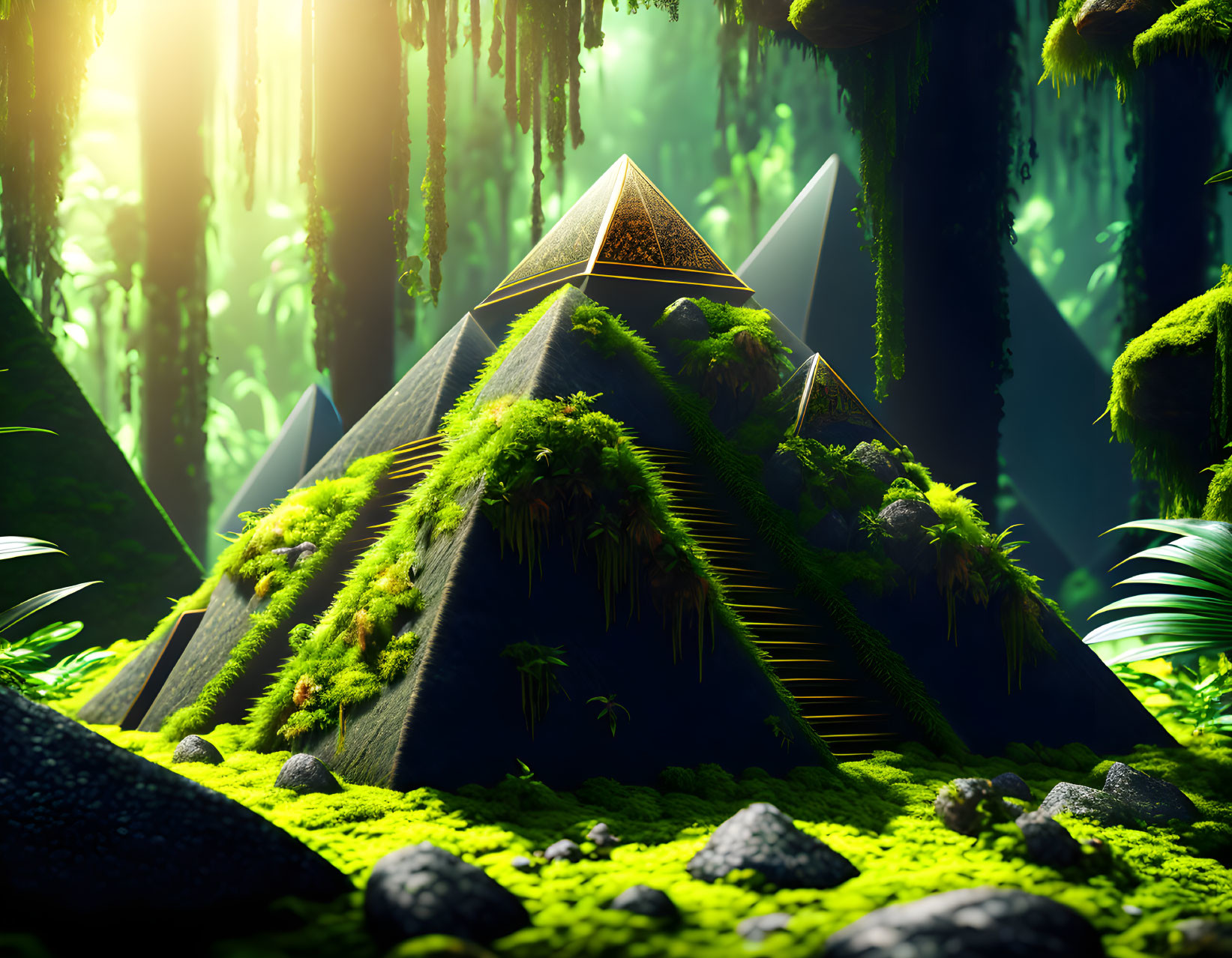 Moss-covered pyramids in mystical forest sunlight
