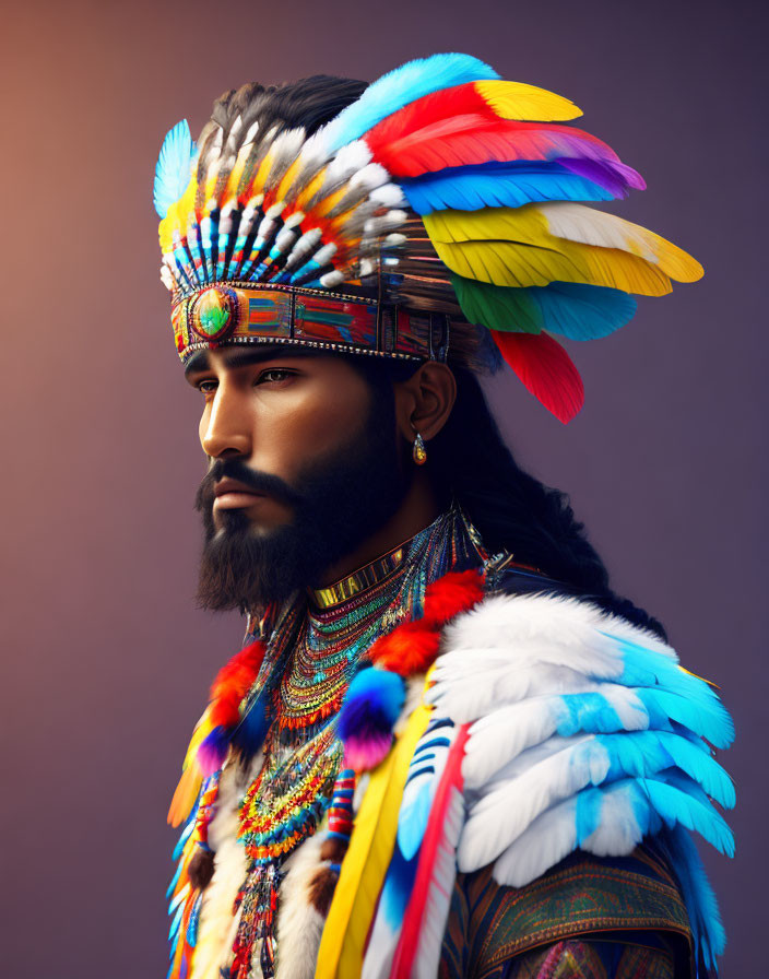 Man in Vibrant Native American Headdress with Feathers