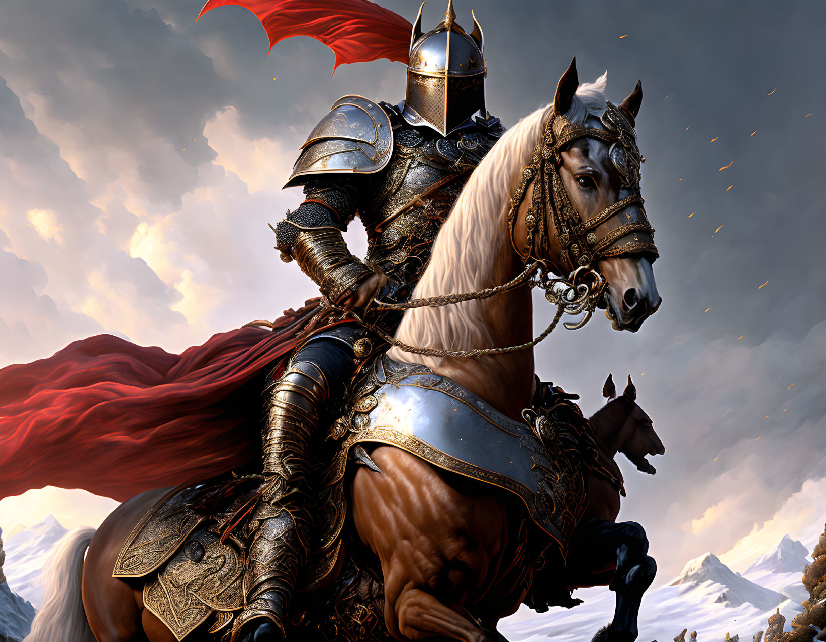 Medieval knight on horseback under dramatic sky with red cloak
