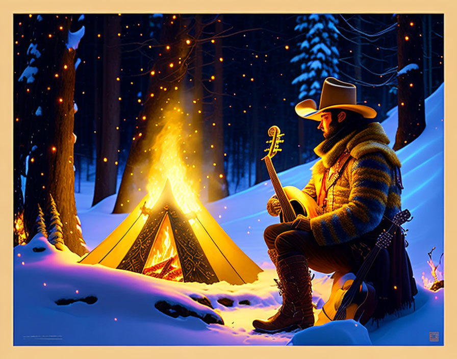Person in winter attire by campfire in snowy forest with guitar at night